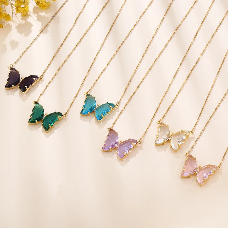 

Amazon Best Sale Fashion Multicolor Crystal Butterfly Pendant Necklace For Women Glamour Female Color Butterfly Necklace Jewelry