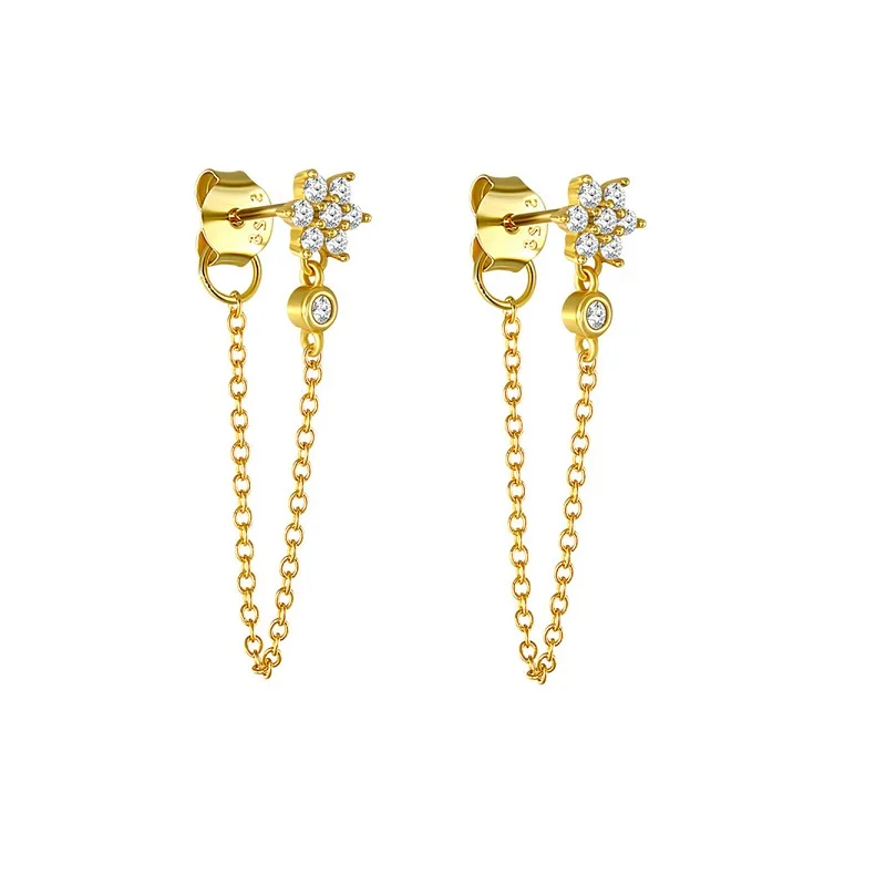 925 Sterling Silver Chain Drop Diamond Stud Earrings Vintage Design Silver Jewelry