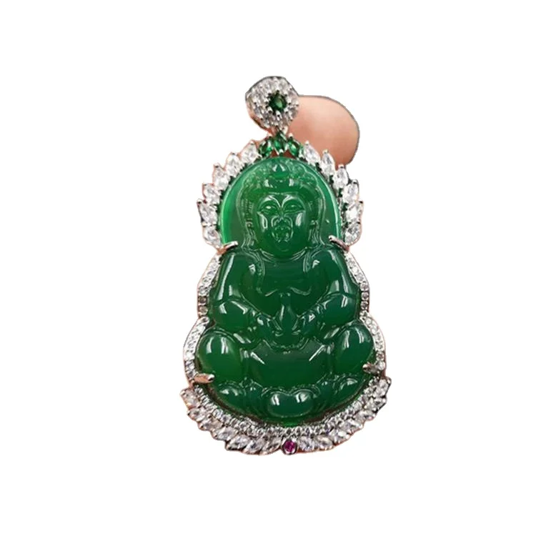 

925 Silver Inlaid Green Chalcedony Guanyin Pendant Green Agate Grand Guanyin Pendant