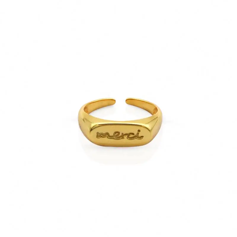 

Chril april 925 sterling silver 18k gold plated merci letters alphabets square signet resizable rings, Yellow gold and white gold