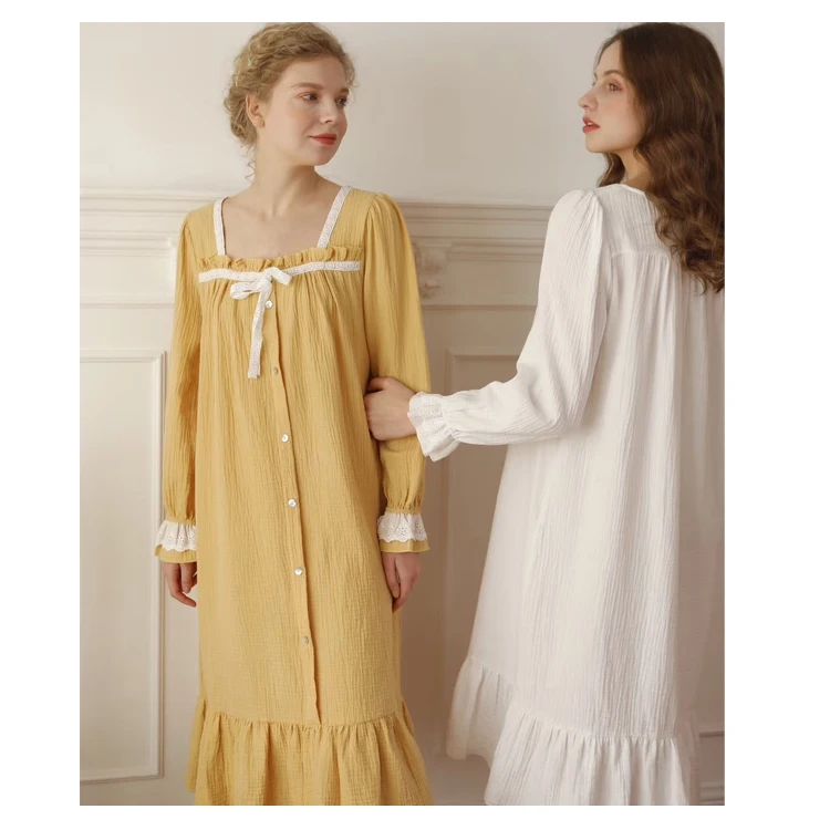 

Spring 2021 Ladies Sleep dress Cotton long crepe Lace Bow Lace nightdress