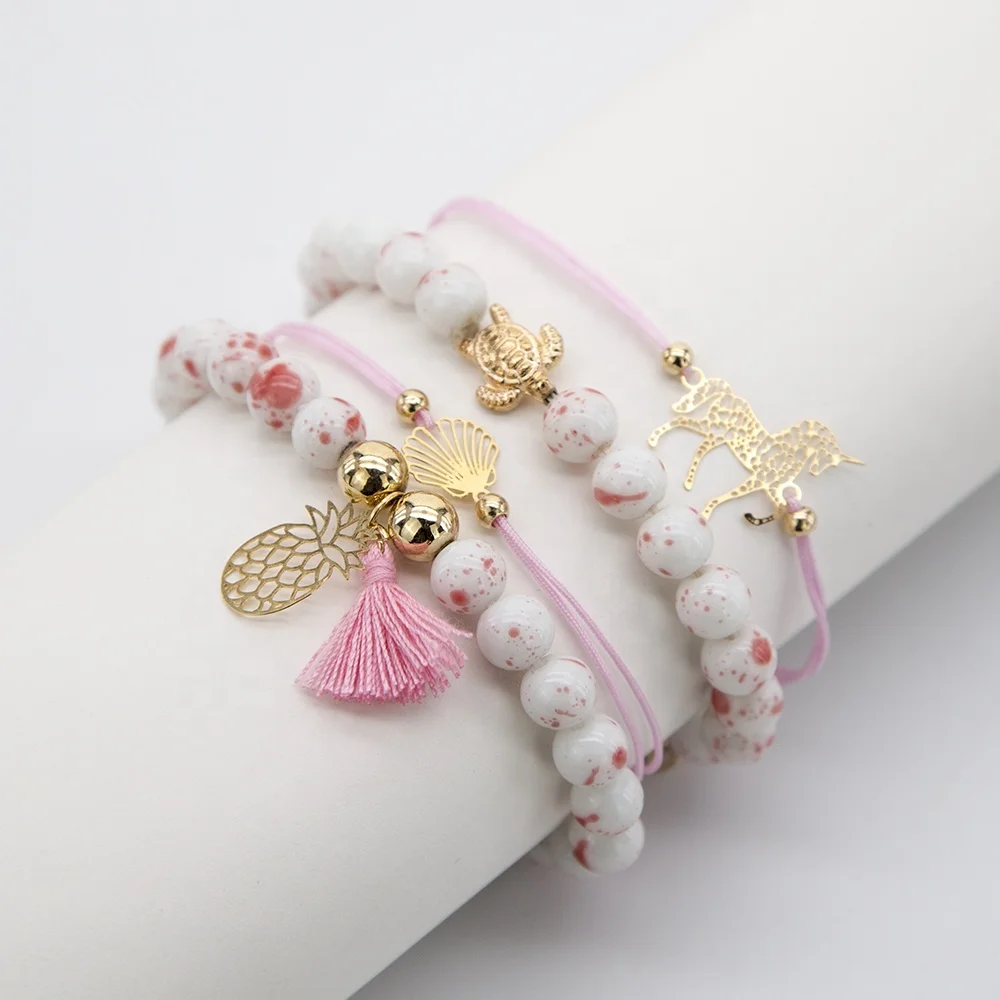 

Beaded Bracelets for Women Adjustable Charm Pendent Handmade Weave Pink Beads Pineapple Seashell Unicorn Bracelet Set Gift, Picture