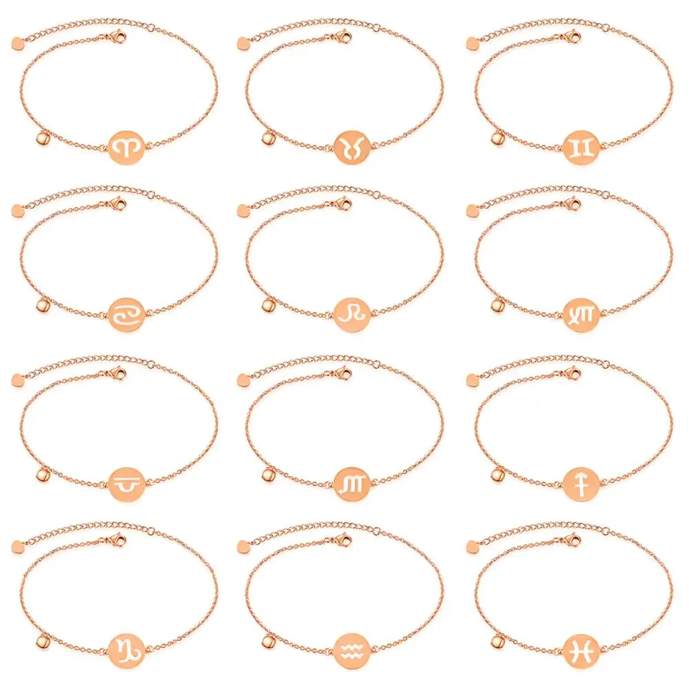 
Rose Gold Plated Symbol Sign 12 Constellation Zodiac Anklets for Women Foot Chain Jewelry 