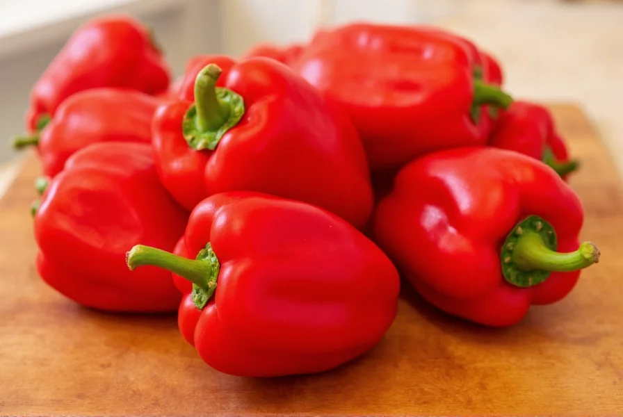 Close-up of vibrant sweet red peppers showing their glossy skin and three-lobed shape on a wooden cutting board