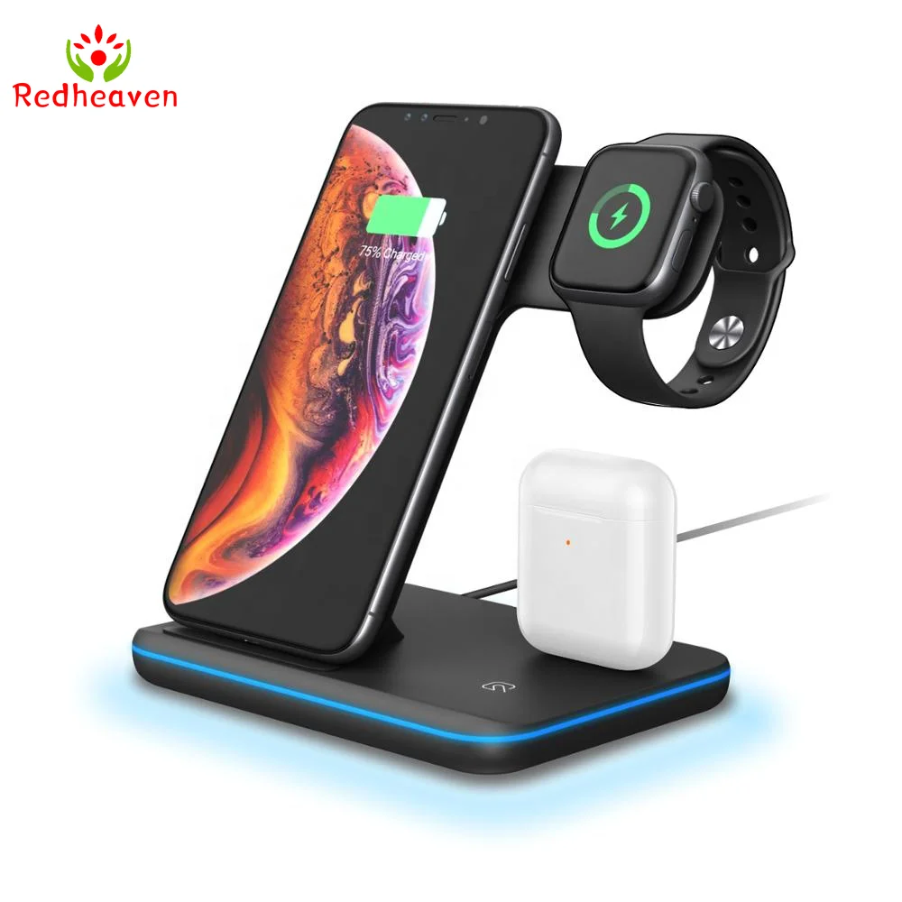 

2020 Z5 Mobile Phone Charging Station 3 In 1 Ce Fcc Rohs Qi Wireless Charger For Smart Watch Phone For Apple Android Tws Earbuds, Black white