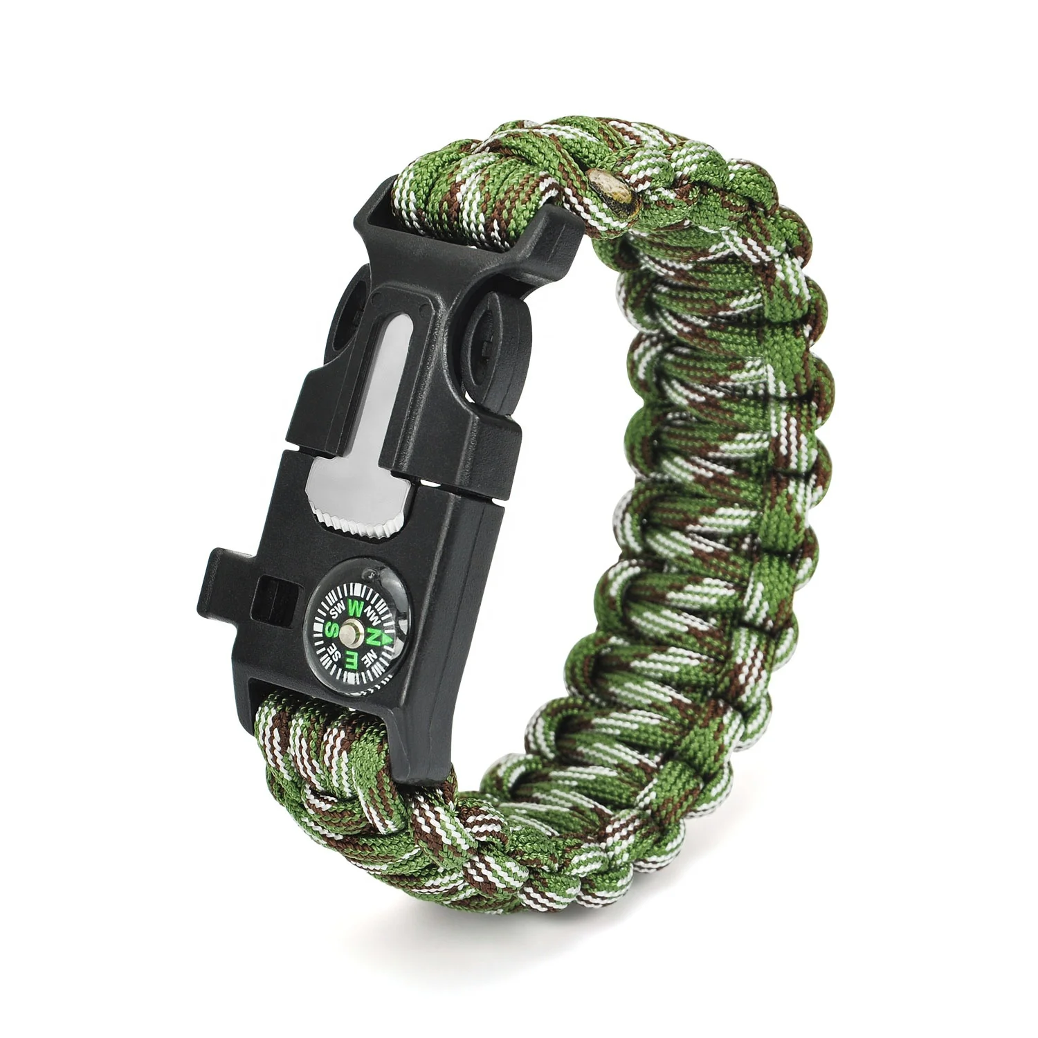 

Nylon 550 Paracord Bracelet Fire Starter Whistle Compass Bracelet - Camo Army Green