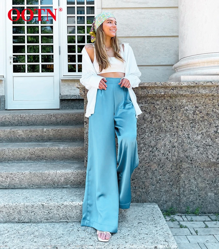 

OOTN Ladies Solid Color Pleated Oversize Casual Summer Long Wide Leg Pant For Women Loose Blue High Waist Zipper Satin Trousers