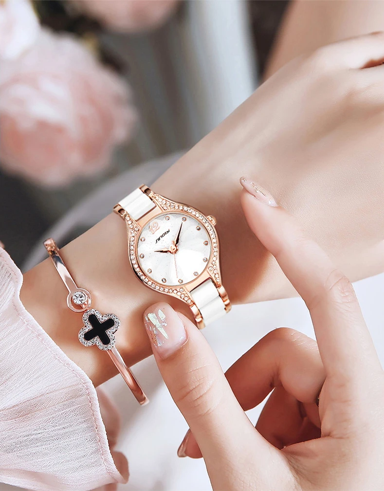 

SINOBI Elegant Lady Watch Diamond Batch Flower Glass Ice Flower Watches S9816L Gifts For Women Relogio Feminino