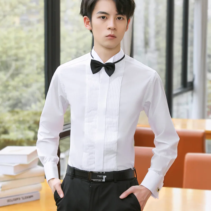 Classic Winged Collar Dress Shirt Men's Wingtip Tuxedo Formal Shirts With Red Black Bow Tie Party Dinner Wedding Tops