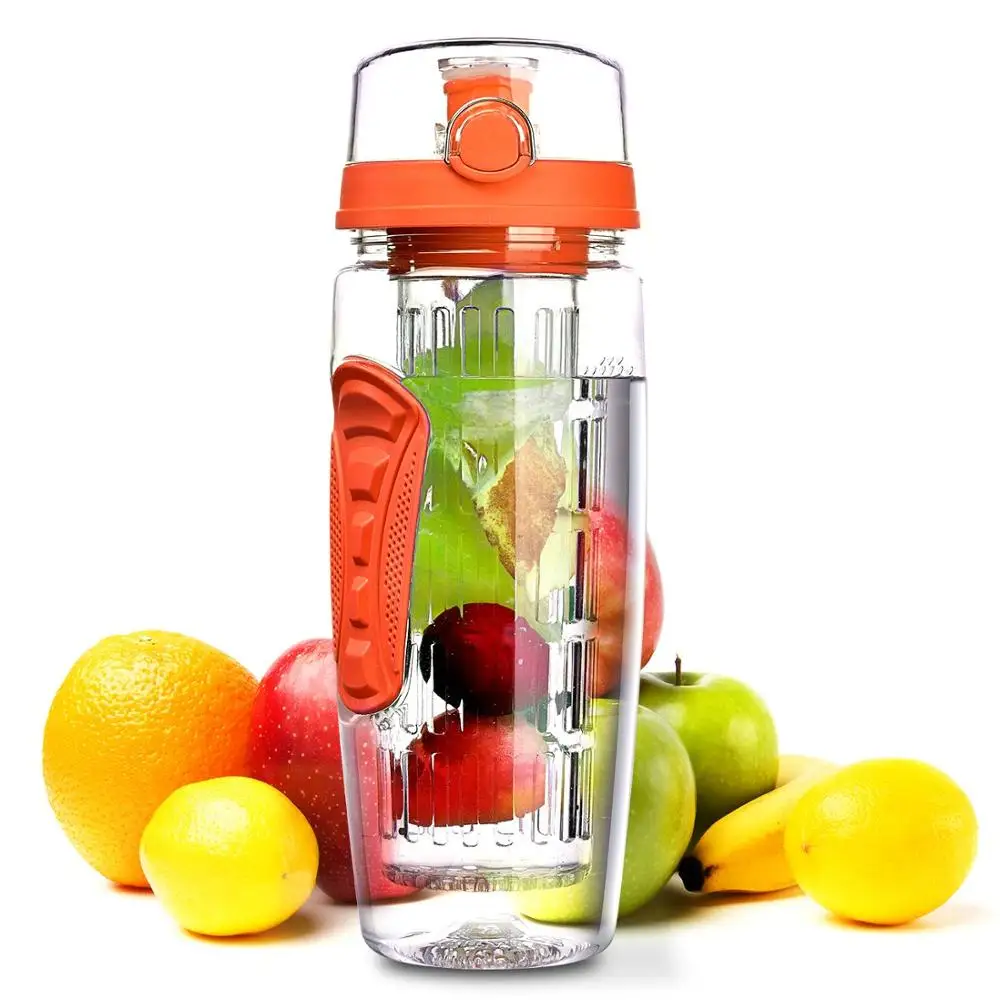 BPA Free Tritan Plastic Water Bottle 32 oz with Long Infuser Basket fruit infuser water bottle with Sleeve, Cleaner Brush