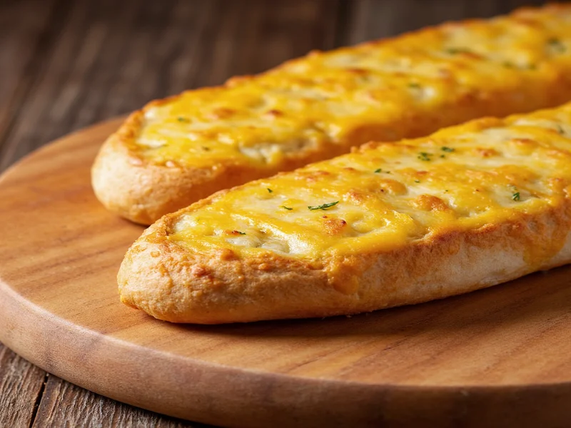 Golden cheesy garlic bread on wooden cutting board
