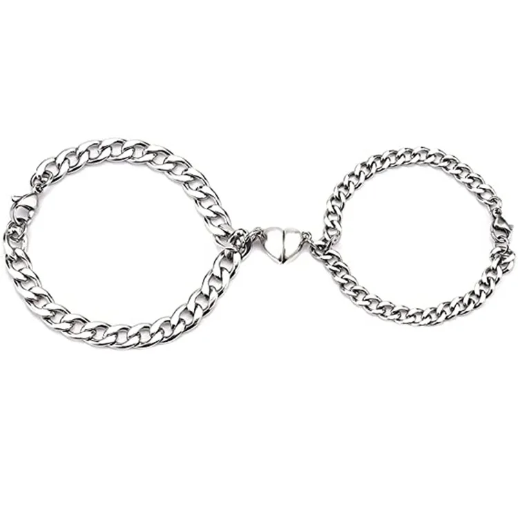 

Wholesale Cuban Chain Heart Bracelets Heart-to-heart Magnetic Couple Bracelet Stainless Steel Matching Couples Bracelets, As picture