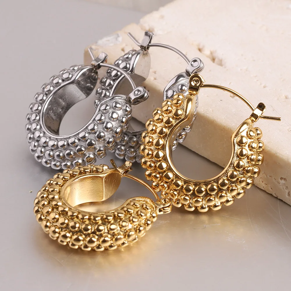 

2024 New Design Retro Simple Titanium Steel Earrings Luxury Small Beads Stainless Steel Chunky Hoop Earrings Women