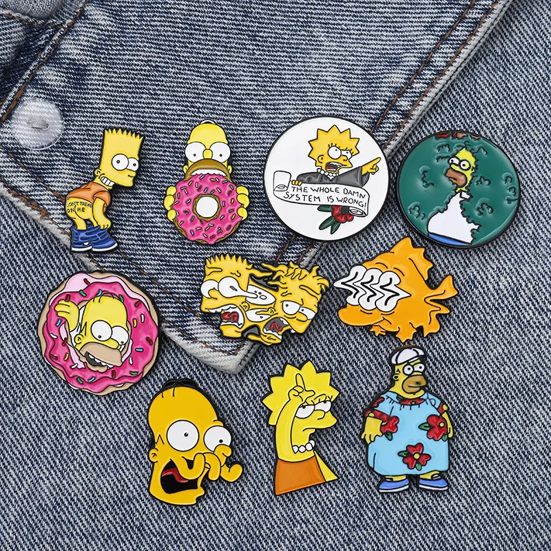 

Cartoon Fun Anime Character Simpsons Happy Family Enamel Brooch Round Alloy Badge Cowboy Clothes Bag Pin cute jewelry for men, As picture