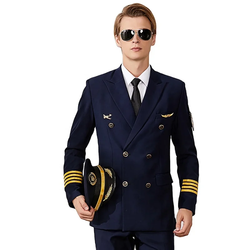 

Custom Double breasted pilot uniform coat with accessories for airline pilot uniform, Black / dark blue