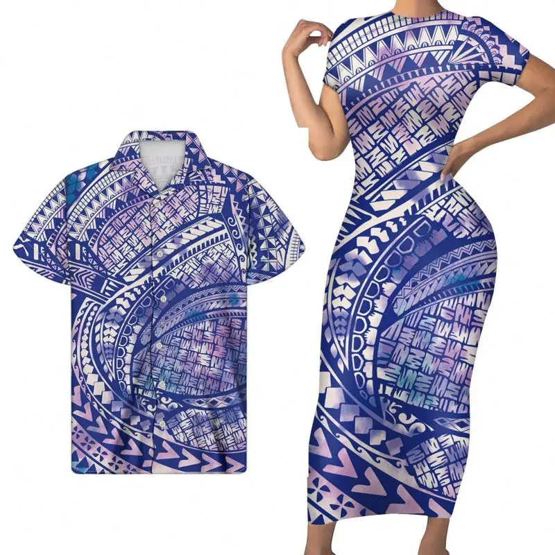 

Couple Clothes For Him And Her African Dream Blue Tribal Polynesian Hawaiian Plumeria Print Couple Clothes 2 Pcs Set Women Plus, Customized color