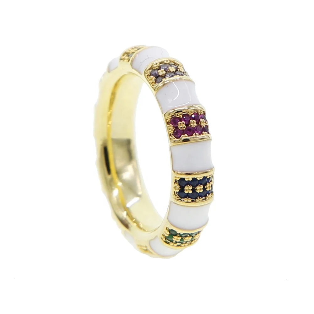 

Hot Sale gold Color bamboo shape band ring with white Enamel colorful cz Crystals Women Brand Ring Engagement Jewelry