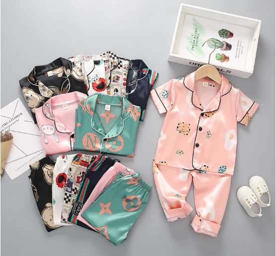 

Spring children's home clothes thin section silk pajama set women pajamas kids, Pineapple, kuqi, duck, bear, little yellow duck, letters, mickey