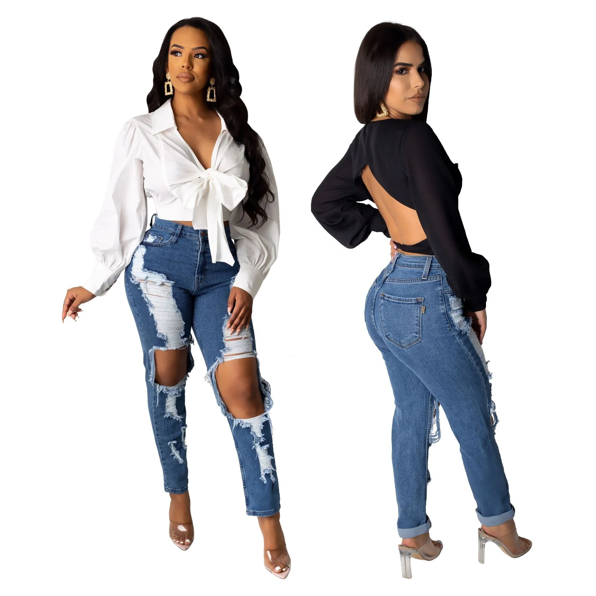 

AI12-2260 Ripped jeans women high waist pants cool denim retro straight jeans ladies slim jeans