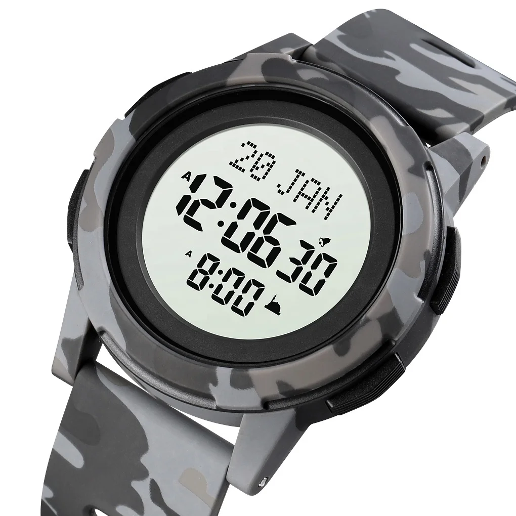 

SKMEI Waterproof Multi-function Azan Al-harameen Muslim Prayer Alfajr Islamic Religious Digital Qibla Direction Watch, Gray camo,black/black,black/white