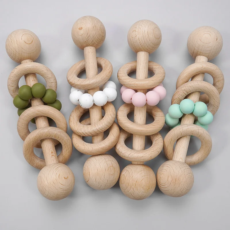 

Baby Stuff Baby Silicone Handbell Beech Wood Molar Toys Food Grade Teethers, Customized