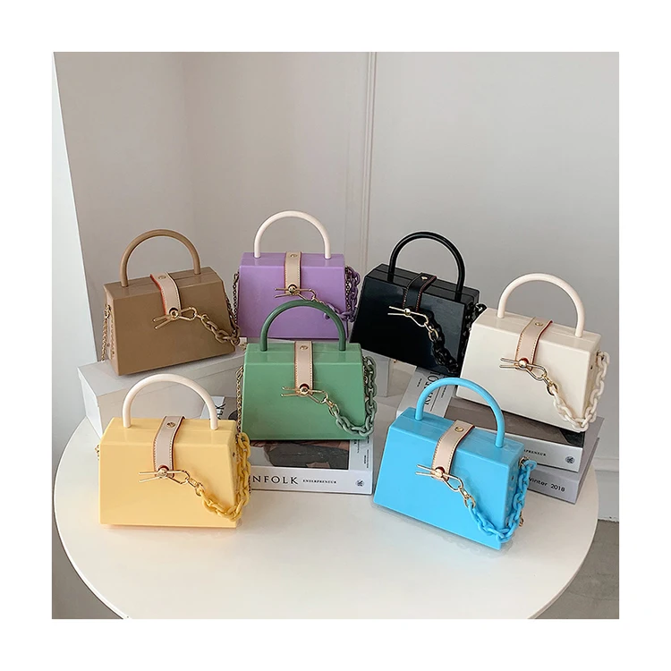 

Ins Acrylic Chain Portable Cosmetic Case Bags Small PVC Crossbody Bags Trapezoid Box Jelly Handbags Ladies Shoulder Bags Totes