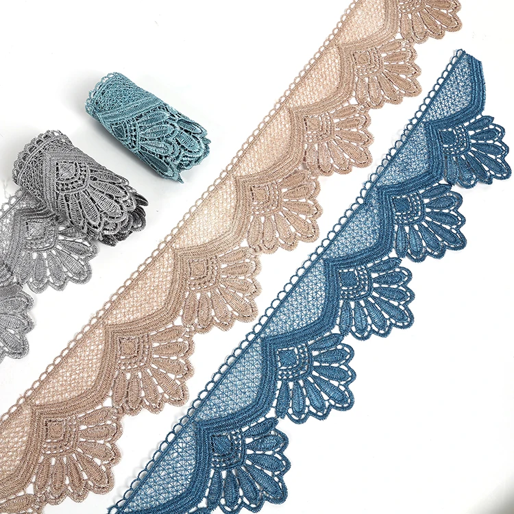 

High Quality Wave Shape Border Guipure Lace Trim 10cm Width Cotton Embroidery Lace Trim 4 Colors In Stock, Accept customized color