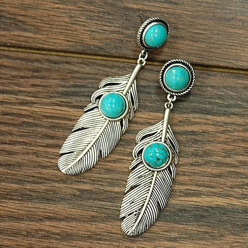 

China factory wholesale Bohemian feather shape Inlaid Turquoise Earrings popular 925 retro Thai silver earrings Christmas gifts, As picture