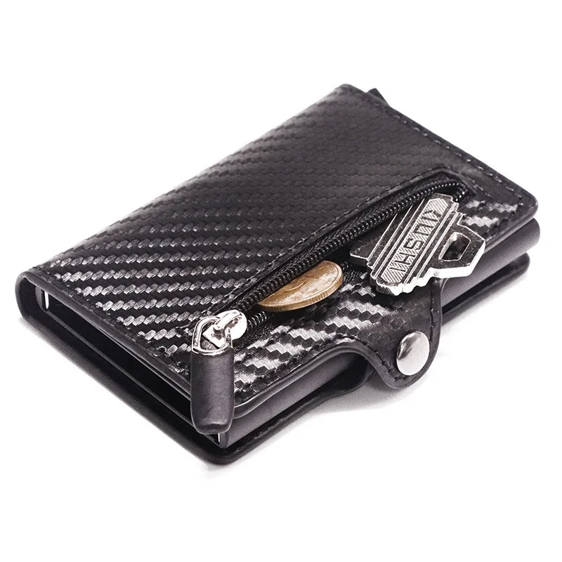 

2020 New Product RFID Metal Carbon Fiber PU Credit Card Holder Wallet With Zipper Coin Pocket, Grey, brown, black, black pu + blue case