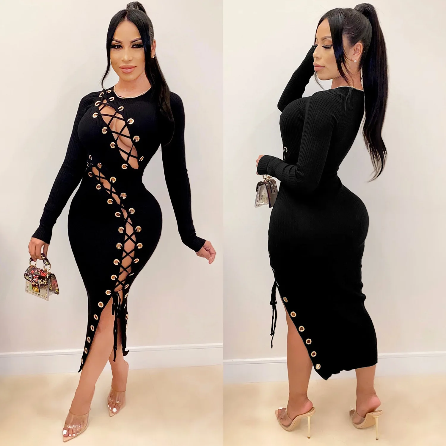 

Fashion Lady Sexy Dress Hollow Out Women Elegant Bodycon Casual Dress