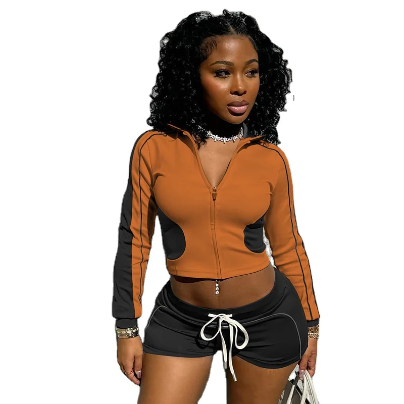 Custom logo Polyester Spandex Zip up Jacket and Shorts 2 Pieces Set Lounge Wear Loungewear Women Clothing Sports Wear Fall