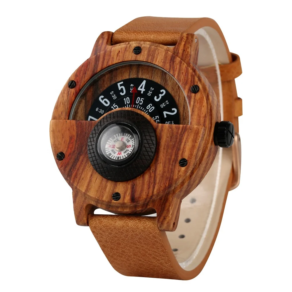 

Leather Strap Creative Wood Watches Men Luxury Sports Military Wooden Compass Watch