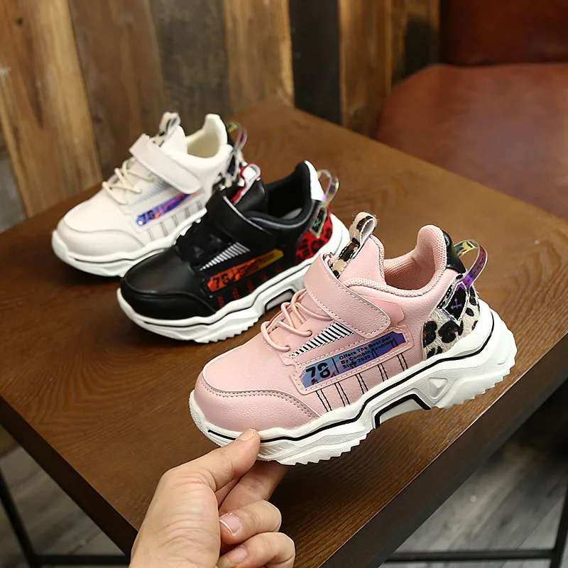 

High Quality Fashion Leather Cool Girls Sneakers Soft Running Children Sports shoes, Black/pink/white