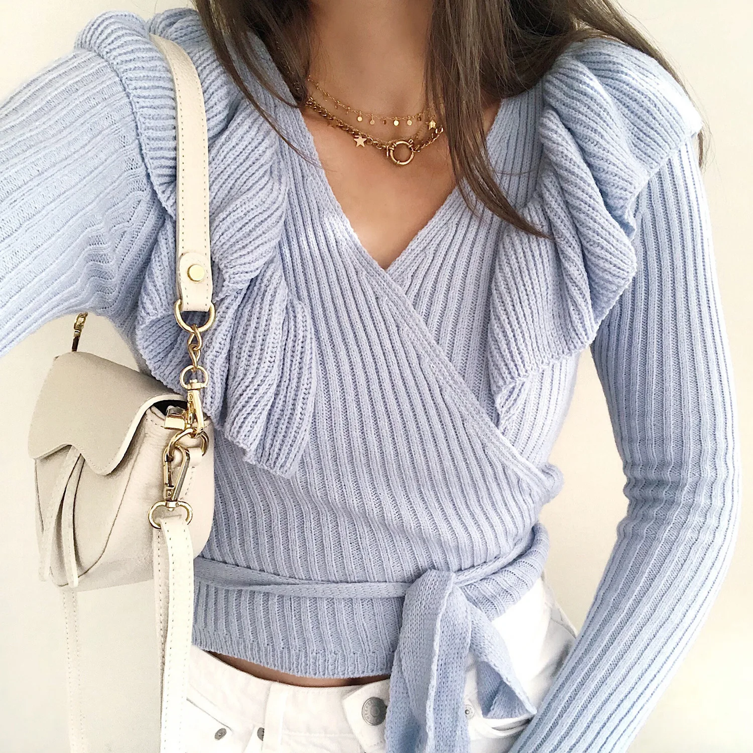 

Lace-up slim solid color sweater long-sleeved top sexy V-neck ladies sweater