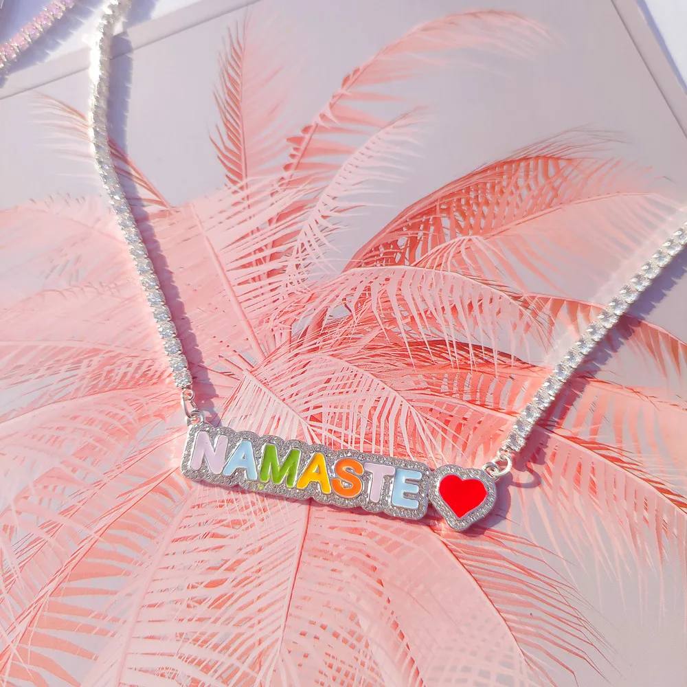 

QIUHAN Pave Outline Tennis Chain 5A Zircon Pendant Necklace Custom Rainbow Name Enamel Necklace, Customized color