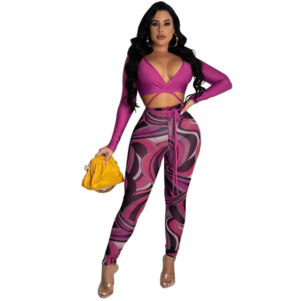 

10813-MX55 deep vneck bodycon crop top sexy print two piece pants women's sets sehe fashion