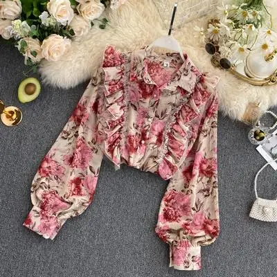 

French vintage women fashion floral printed puff sleeve chiffon blouse tops