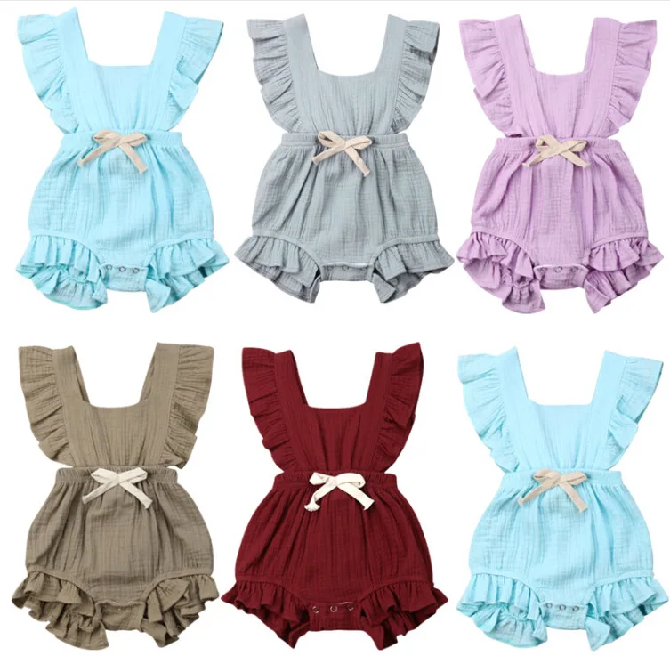 

Wholesale Ruffled Crinkled Summer Girls Jumpsuit Multicolor Knitted Boho Plain 100% Cotton Baby Rompers Sleeveless