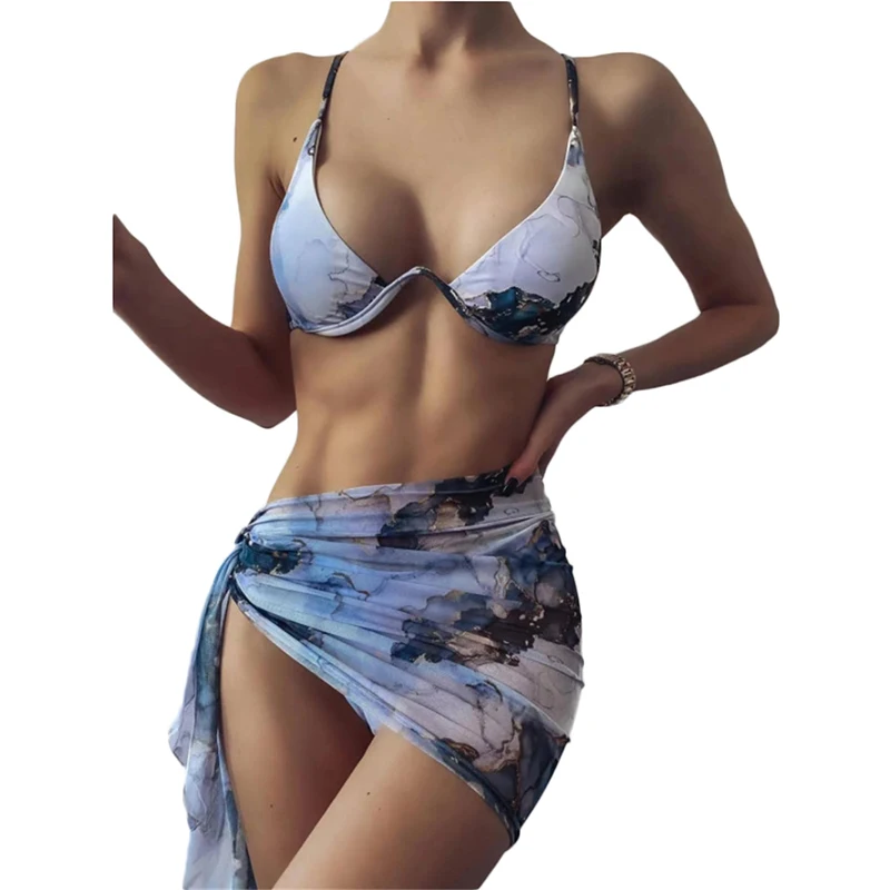 

custom logo label tag 3 pack Water Color Underwire Bikini Swimsuit & Beach Skirt, Printing