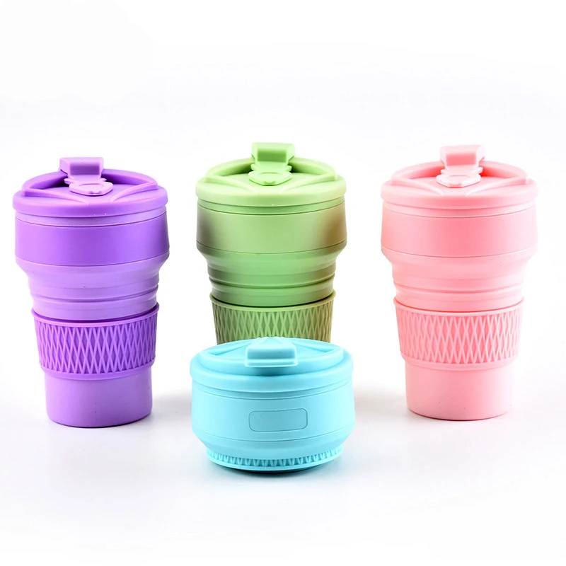 

350ml Folding Silicone 4 color Portable Silicone Telescopic Drinking Collapsible coffee cup folding silica cup with Lids Travel, As photo