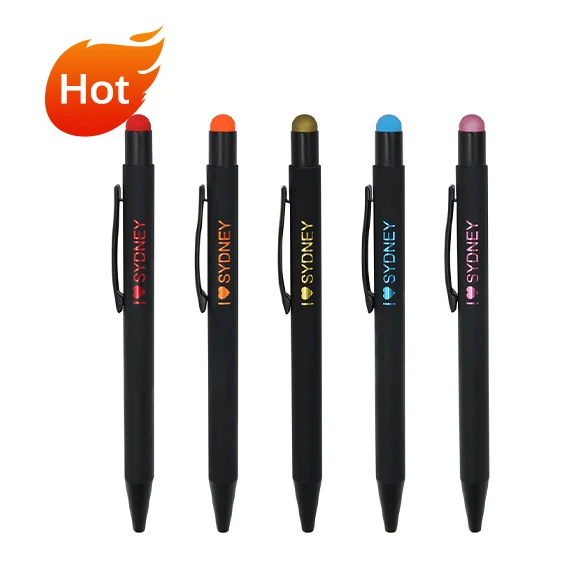 

BECOL High Quality Ballpoint Pen Shiny Colorful Engraved Logo Rubber Coated Metal Click Ball Pen Soft Stylus Pen for Gift