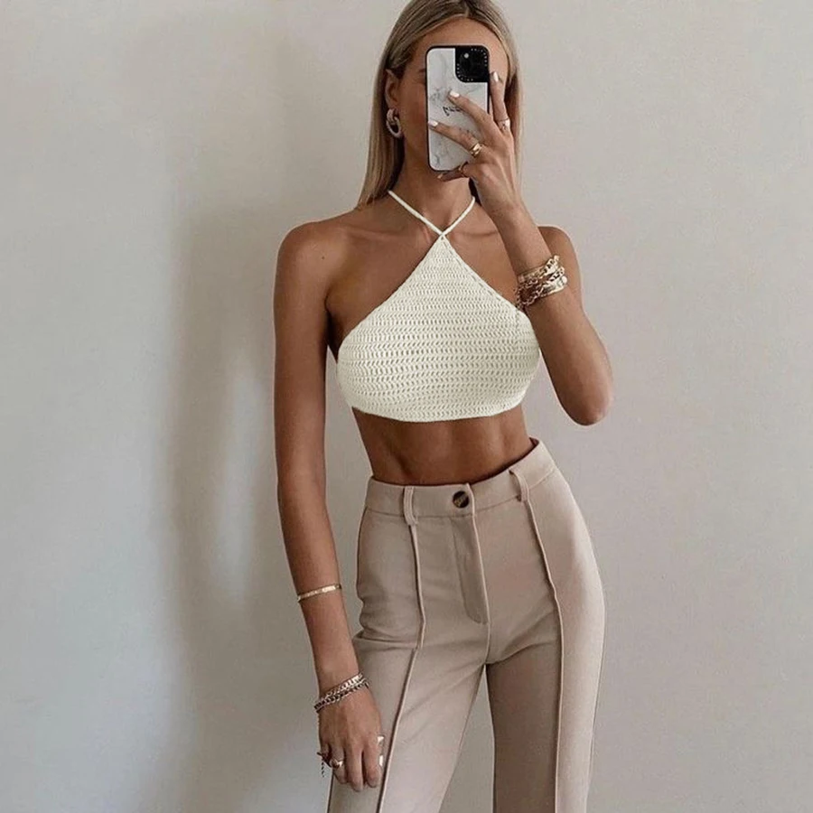 

FC8029 Women fashion Chic Knitwear Crop Top Sexy Clothing New Ladies solid Color Spring Knit Camisole Tank halter Tops, As picture shown or customized following customer design