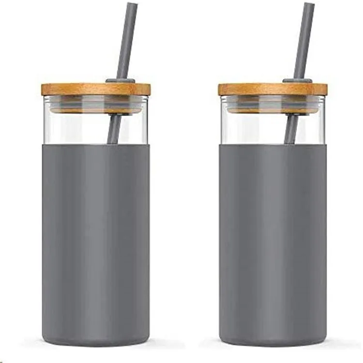 

Water Bottle with Straw Silicone Protective Sleeve Bamboo Lid 24oz Glass Tumbler