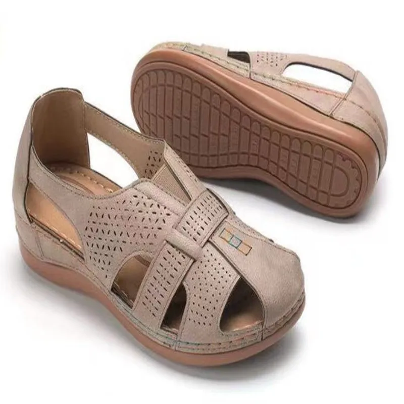 

2021 New Summer Open Toe Sandals Casual Ladies Round Toe Hollow Flat Sandals, Blue/beige/brown/blackish green