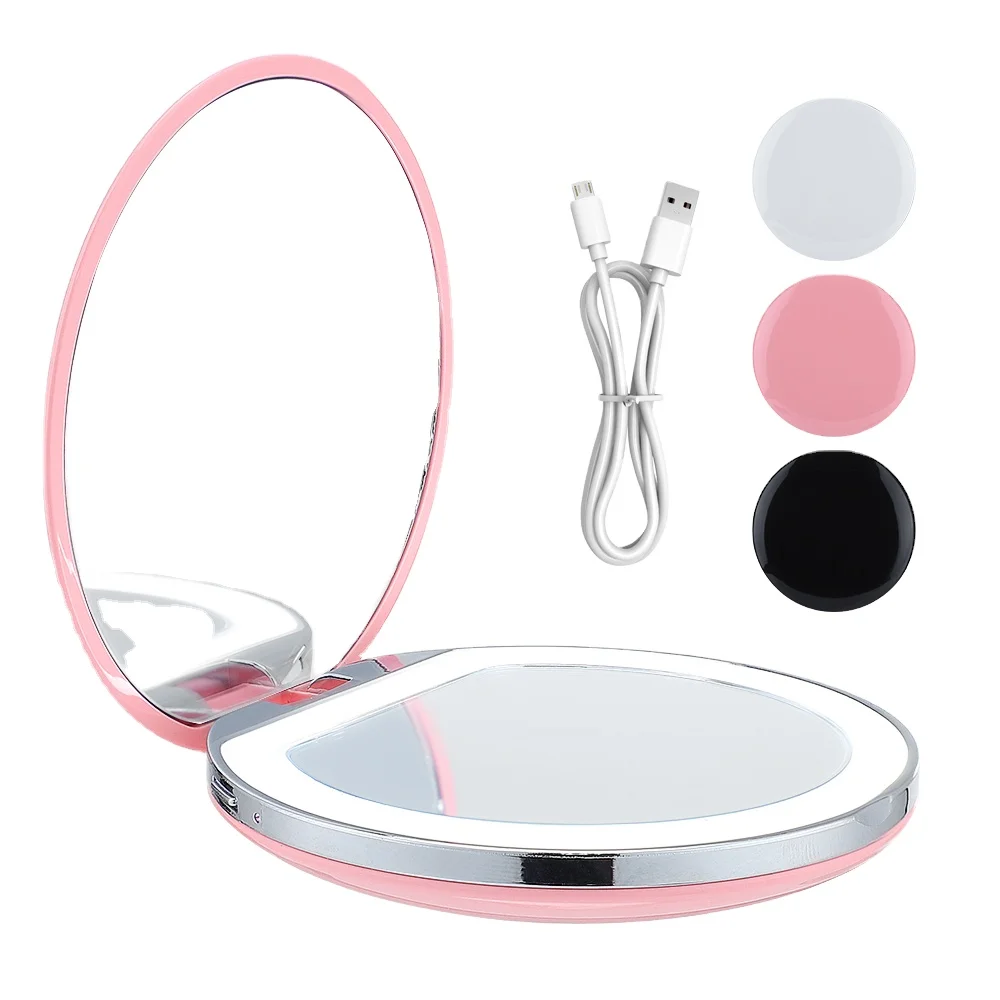 

Portable Fold Mini Circular Cosmetic Mirror Dimmable Brightness USB Charging Magnifiable Led Makeup Mirror With Light