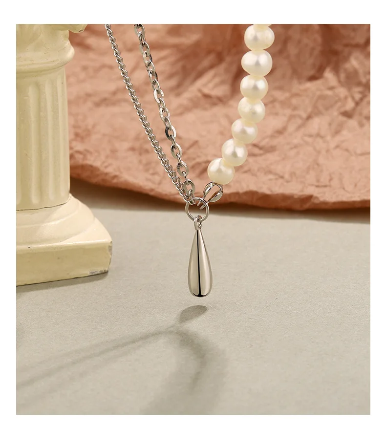 

VIANRLA 925 sterling silver link chain and pearl chain rhodium plated necklace