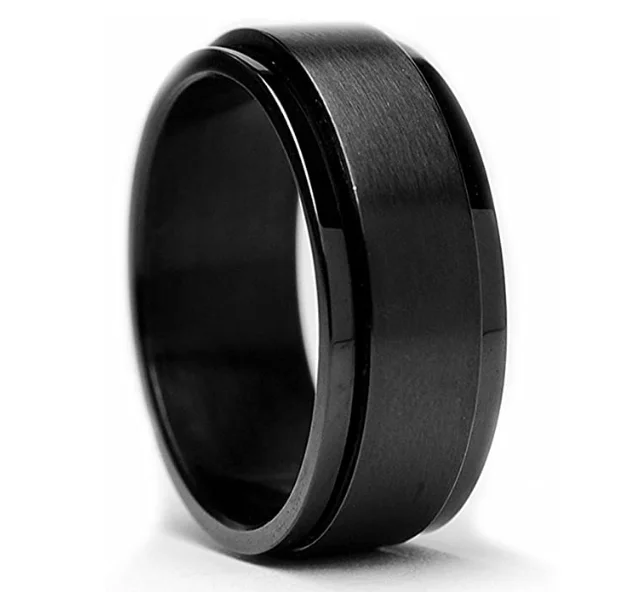 

Men's Stainless Steel Swivel Ring, Matte Black Finish Wedding Ring with Custom Engraving