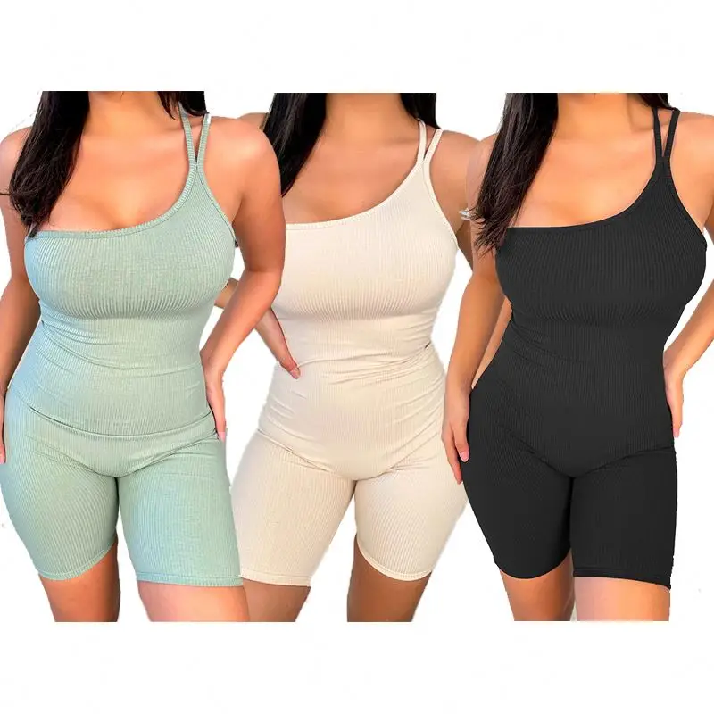 

New Fashion Girls Sleeveless Solid One Piece Jumpsuit Women Ribbed One shoulder Jumpsuit 2021, As picture