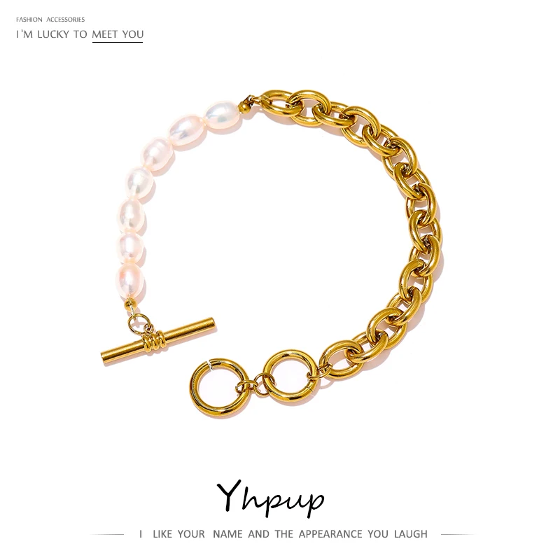 

Yhpup Toggle-Clasps Chain Natural Freshwater Pearl Bracelet High Quality Stainless Steel 18K Gold Bracelet