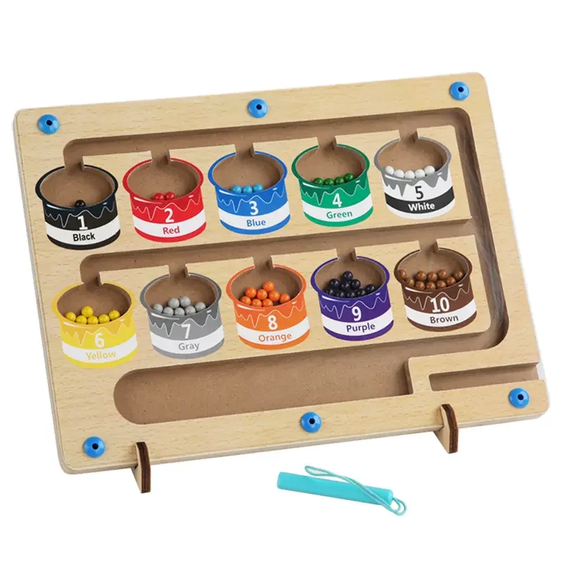 Wooden Labyrinth with Magnetic Beads and Pens Color Sorting Toy and Counting Board for Kids Educational Game for Preschoolers